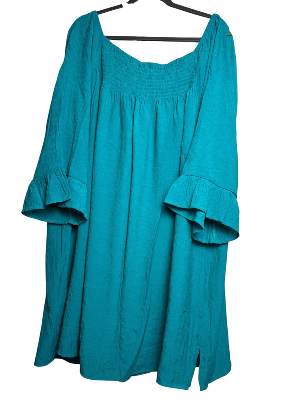 Avenue Plus Size 30/32 Tunic Top Teal Blue Smocked Off Shoulder Ruffle Sleeve